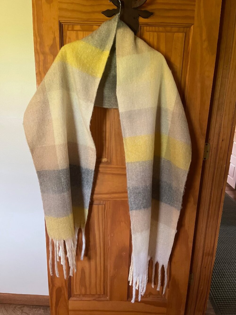 Oversized Chunky Plaid Blanket Scarf Wrap with Fringe - Mustard & Neutrals